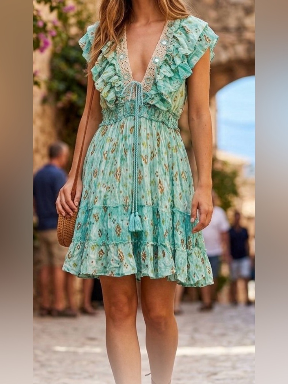 Women’s Aqua Floral V-Neck Ruffle Summer Dress- L/XL